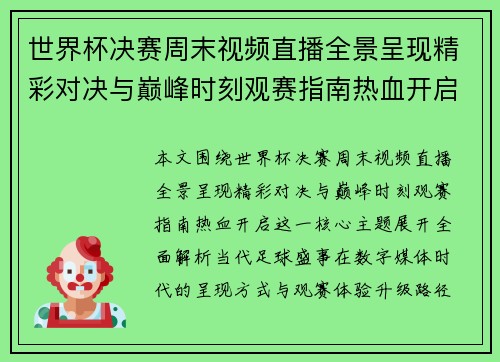 世界杯决赛周末视频直播全景呈现精彩对决与巅峰时刻观赛指南热血开启