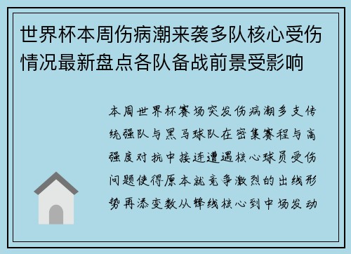 世界杯本周伤病潮来袭多队核心受伤情况最新盘点各队备战前景受影响